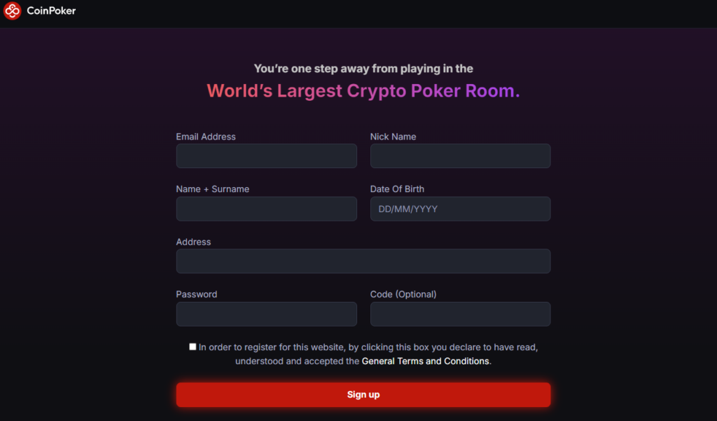 The CoinPoker sign up page with empty information fields