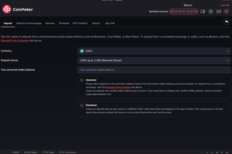The CoinPoker Deposit page in the cashier, which automatically displays when the cashier is first opened by the user.