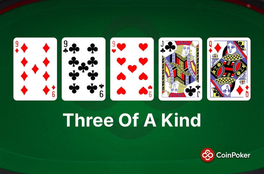 An example of Three of a Kind in poker (Trips or Set), made with 9h 9c 9h Jc Qd.