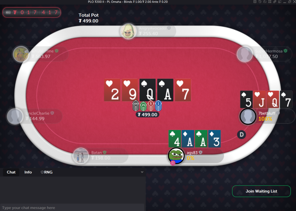 A flush beats top set on the river of a Pot Limit Omaha hand