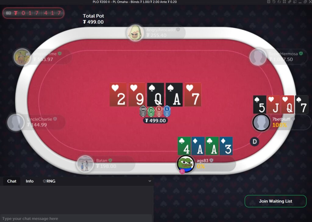 A flush beats top set on the river of a Pot Limit Omaha hand