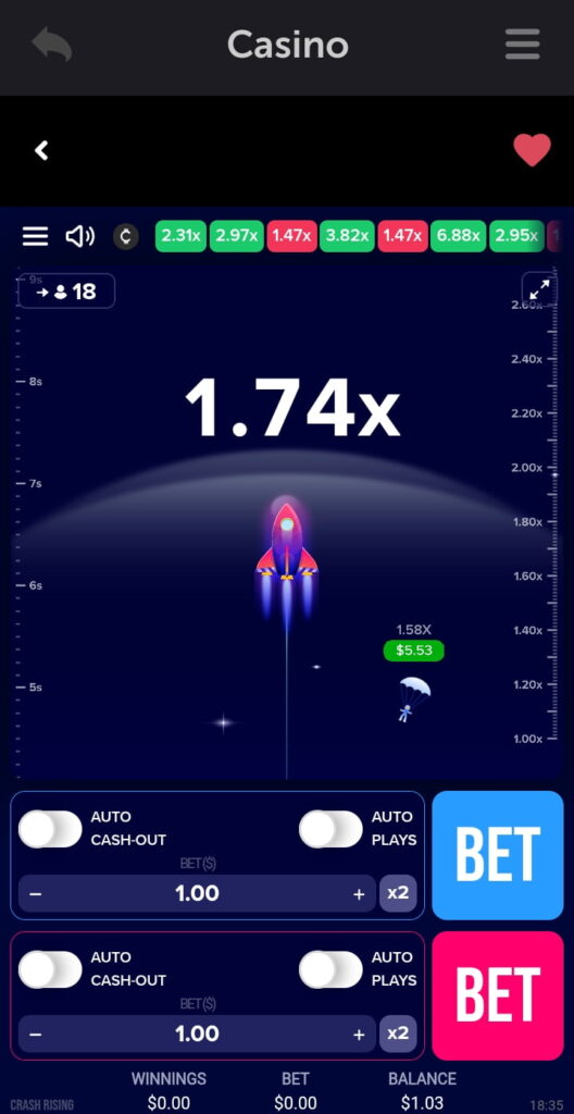 A mobile crash game reaches 1.74x multiplier on the CoinPoker casino app.