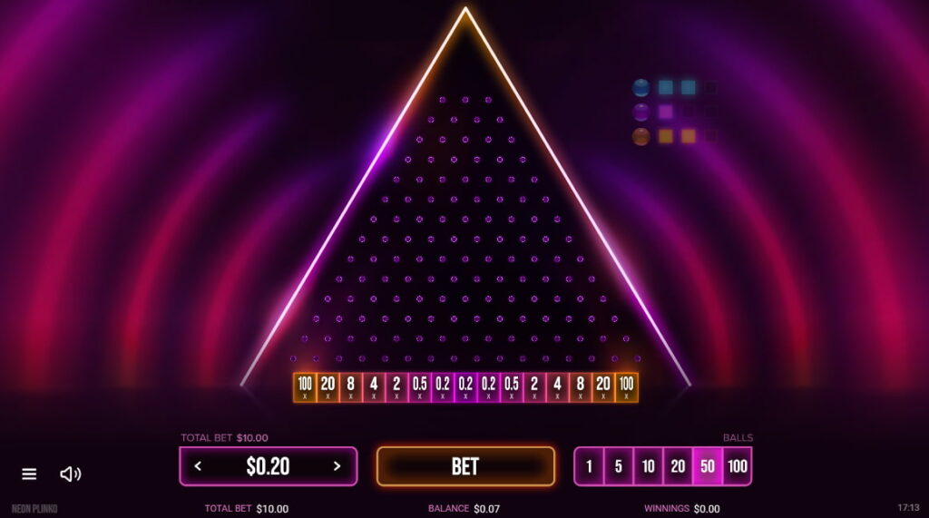 A game of Neon Plinko with a 96% RTP on the CoinPoker Casino app.
