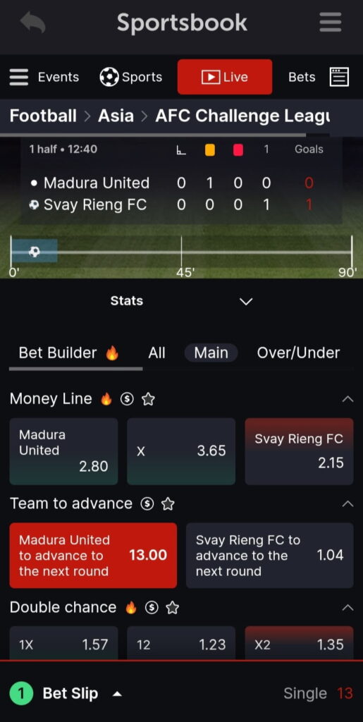 A look at a live sports game on the CoinPoker sports betting app.