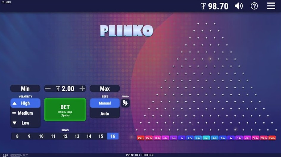 A picture of GameArt’s Plinko, a simple but fun Plinko real money game with basic features and a simple design.