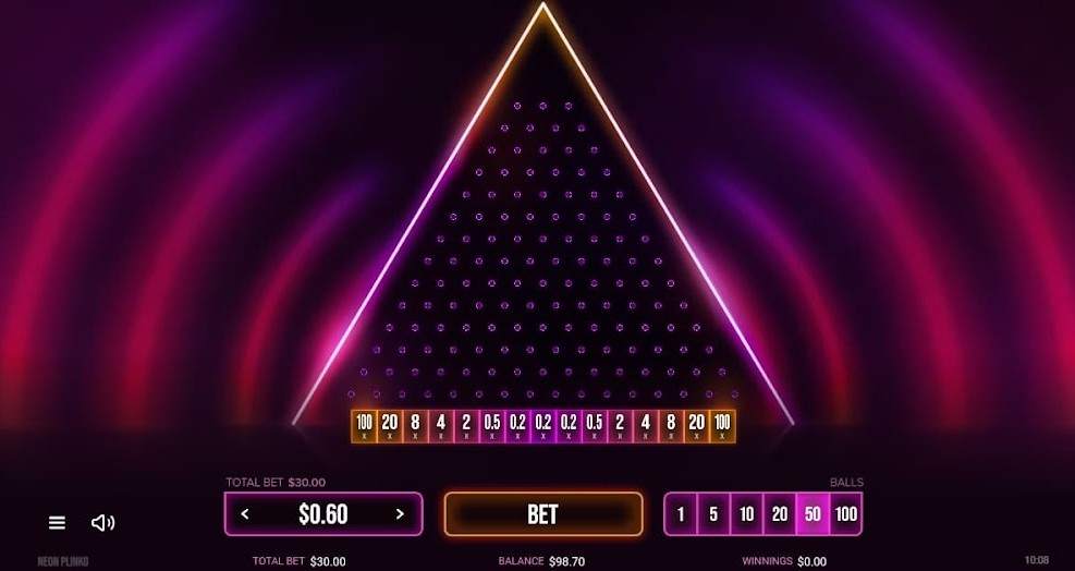 A photo of Darwin’s Neon Plinko, featuring a classic pyramid design with futuristic elements and a unique color scheme.