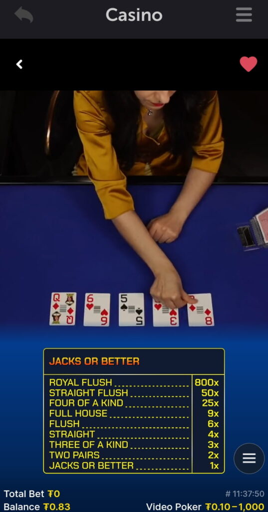 A hand of live video poker is dealt on the CoinPoker Casino app.