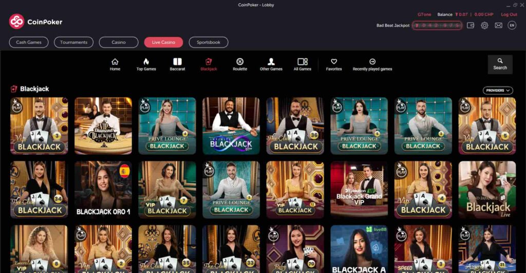 The CoinPoker Casino Live Blackjack lobby showing a wide range of options for real dealer 21 games.