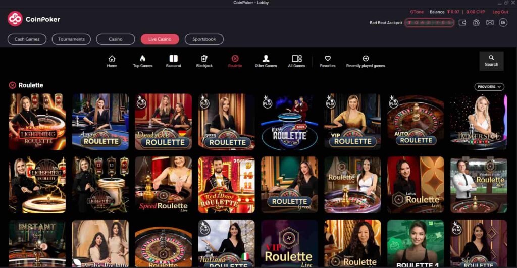 the live roulette games on display in the CoinPoker Casino app.
