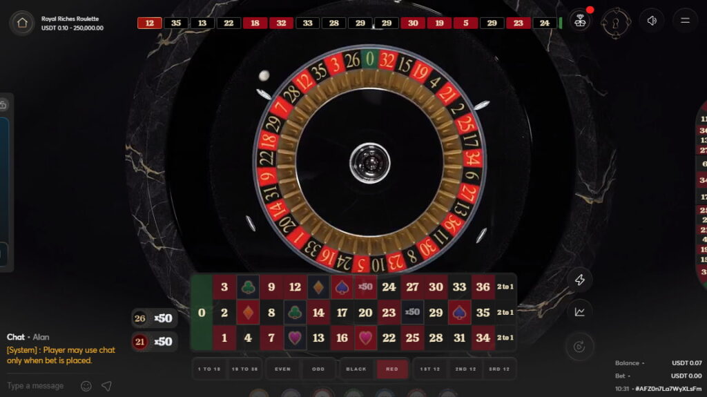 A live roulette game of Royal Riches Roulette on the CoinPoker Casino app.