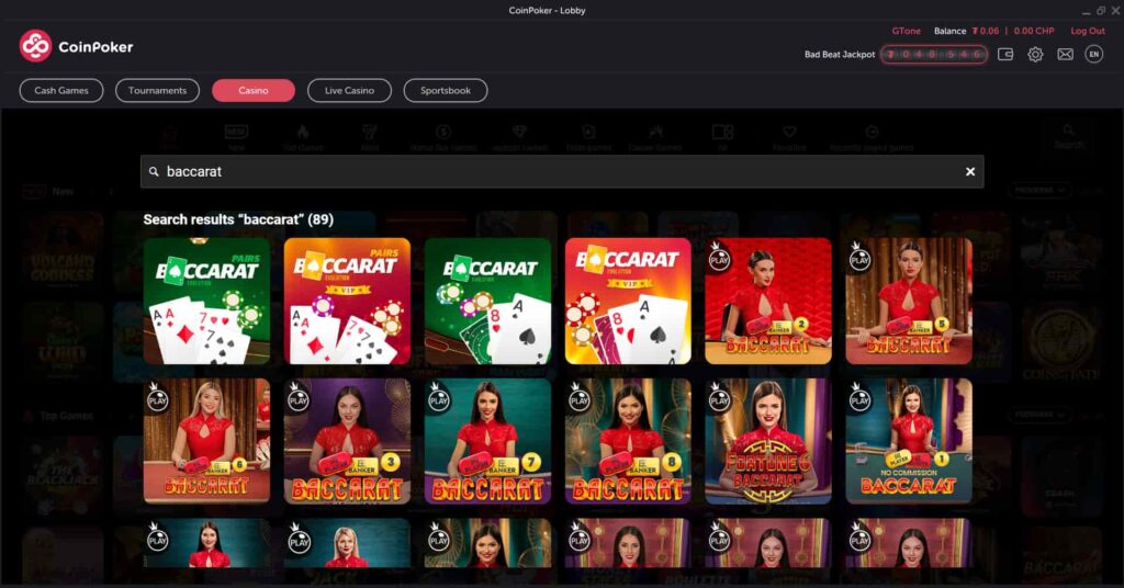 The range of baccarat games, including live and digital baccarat, on the CoinPoker Casino app.