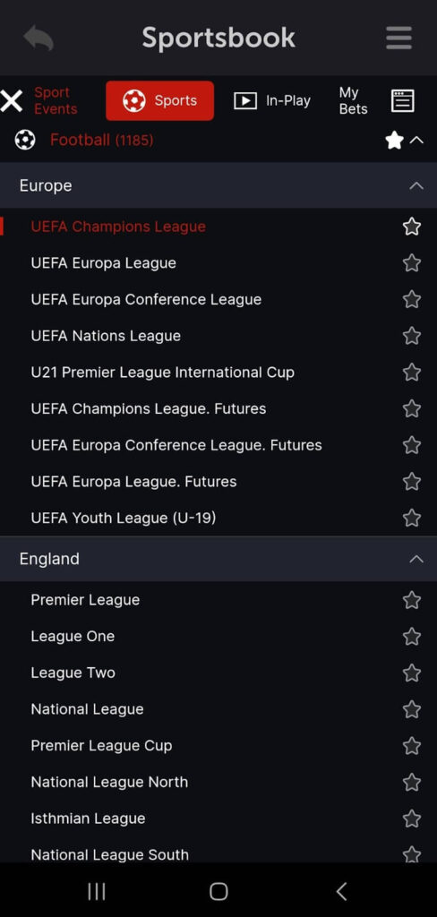 A mobile screenshot of the different football betting markets in Europe on CoinPoker.