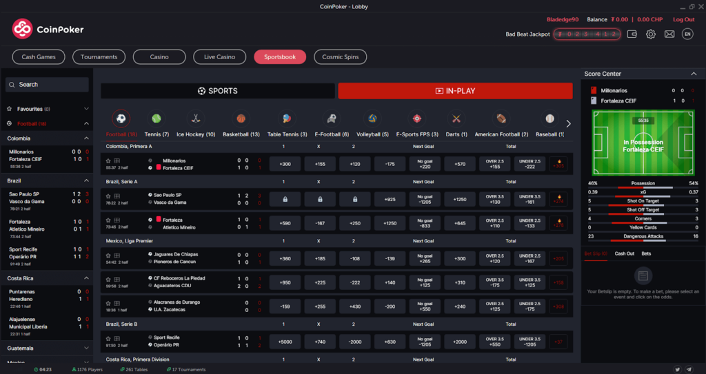Football betting markets and events on CoinPoker, showing the in-play live betting section.
