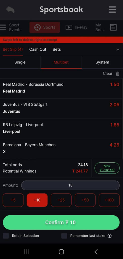 A Parlay betting slip showing four different moneylines - three winners prediction and one draw.