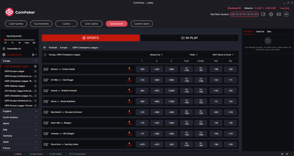betting markets for different UEFA events like the Champions League, Europa League, etc., on CoinPoker.
