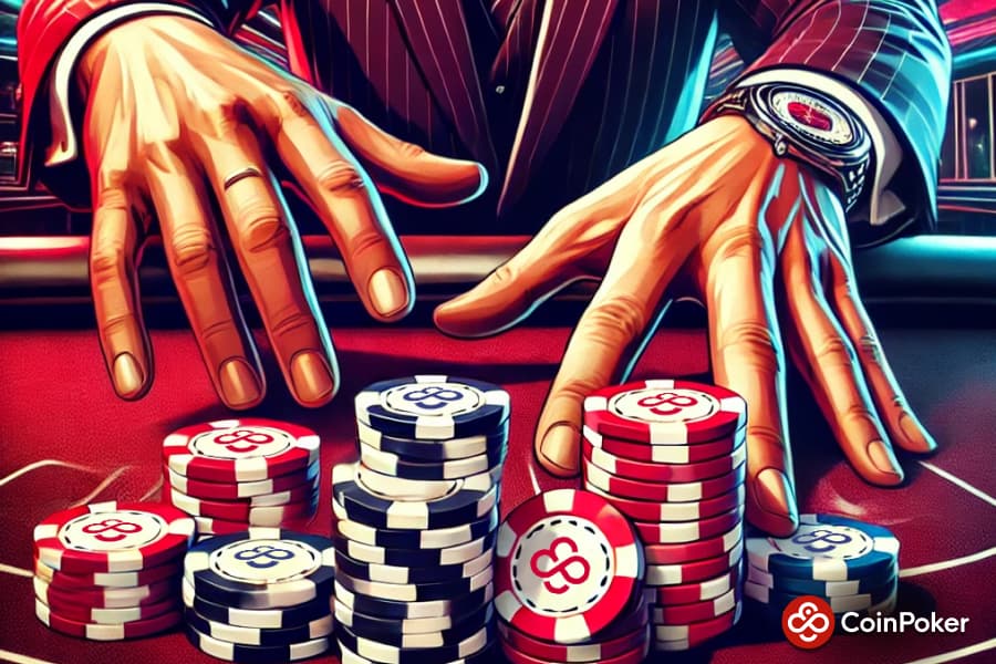 A poker player pushes a stack of chips into the pot in a poker game.