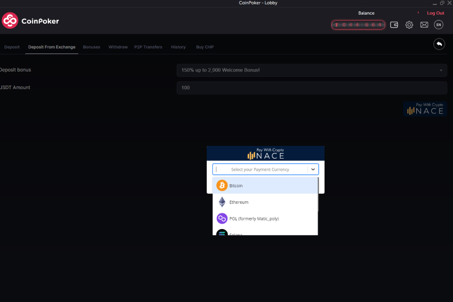 The part of the deposit process where a user can select the currency they wish to deposit to CoinPoker