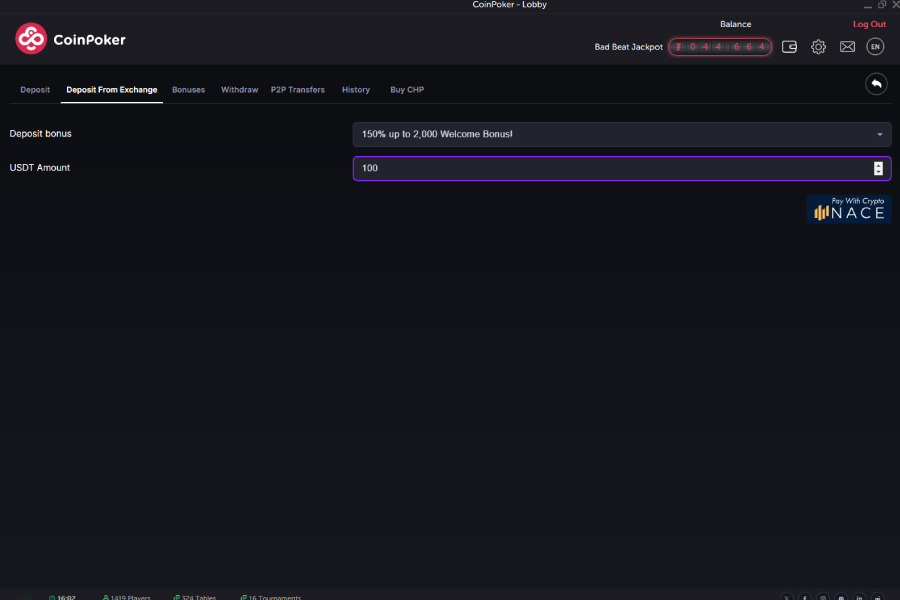 The Deposit from Exchange tab of the CoinPoker cashier