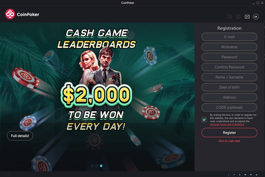 The registration page of the CoinPoker PC app, with a few fields that new members must fill out.