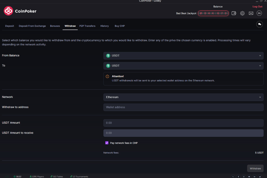 The withdrawal tab of the CoinPoker cashier, which must be clicked from the top menu