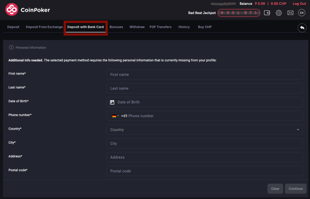 The CoinPoker Deposit with Bank Card tab in the PC application.