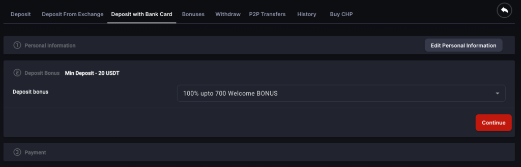 The part of the CoinPoker deposit process where the user can select their Welcome Bonus.