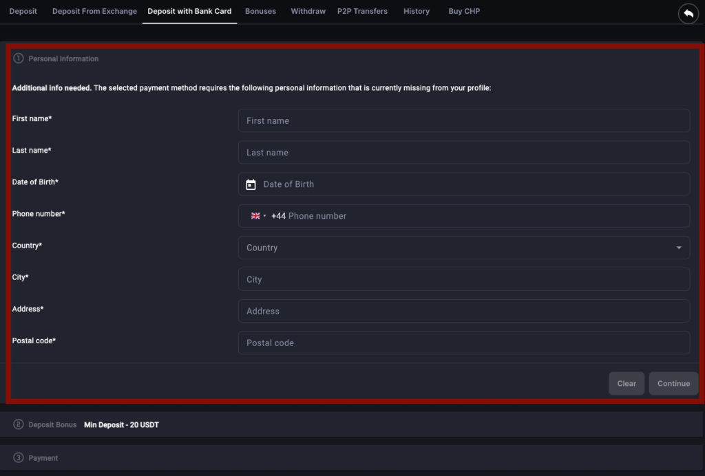 A window showing the information that needs to be filled out in the CoinPoker Deposit with Bank Card tab.
