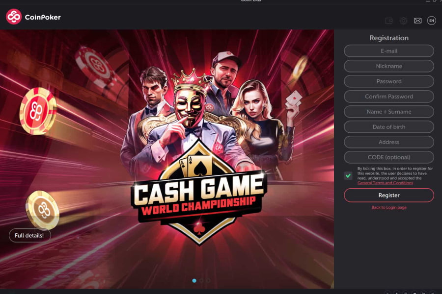 The main page of the CoinPoker application on PC, showing a registration field on the right side.