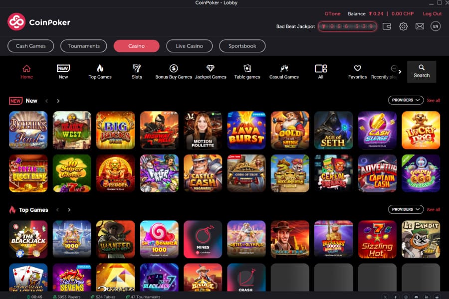 The grid of CoinPoker casino games shows dozens of options, with plenty more off-screen.