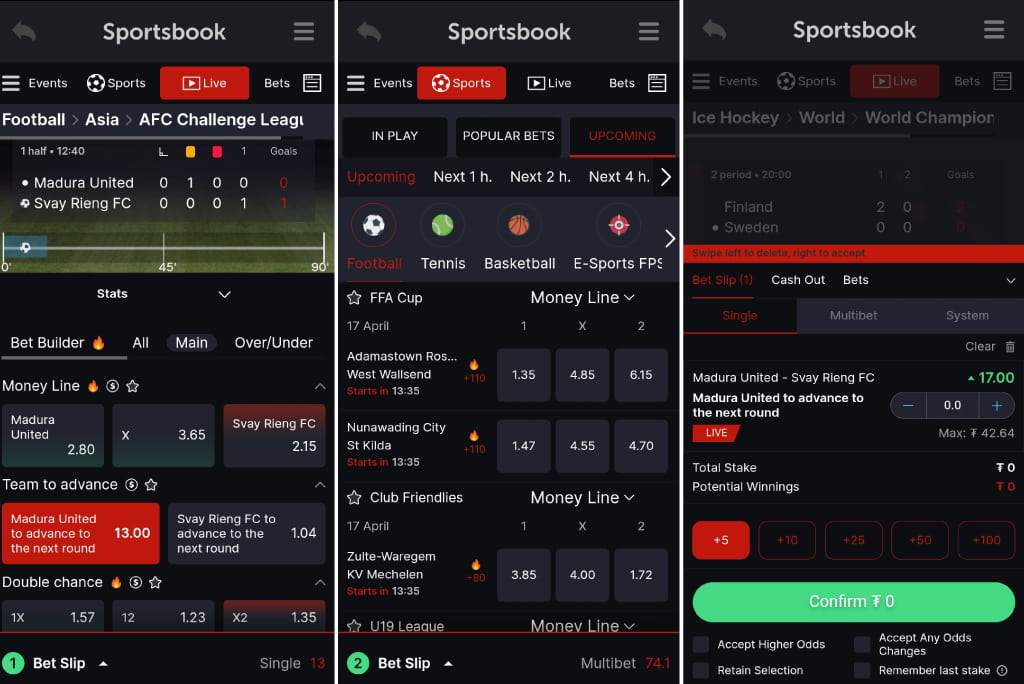 3 different mobile screens are shown, each for a different area of the CoinPoker Sports Betting app.