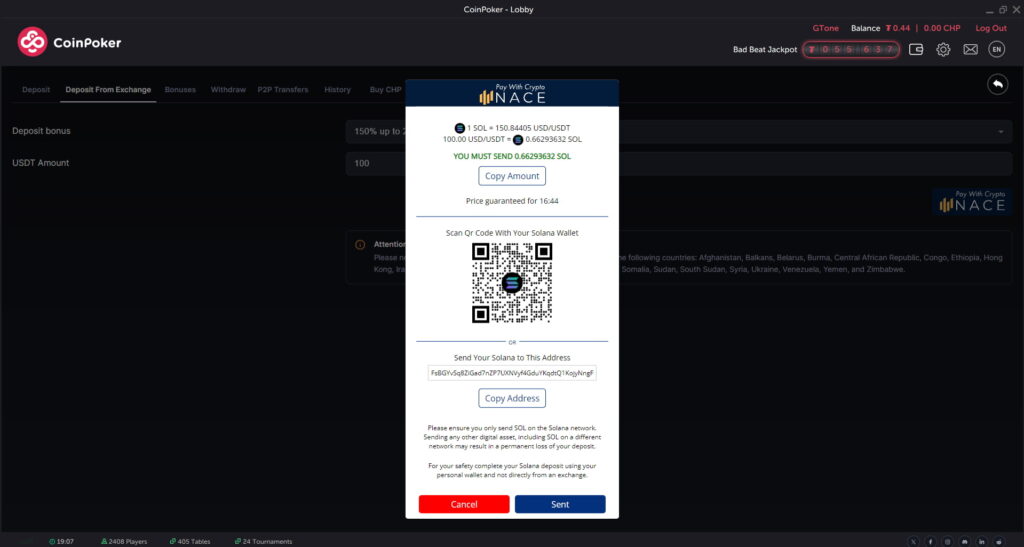 The CoinPoker Solana Casino cashier shows the deposit step where users can copy the destination address and send Solana.