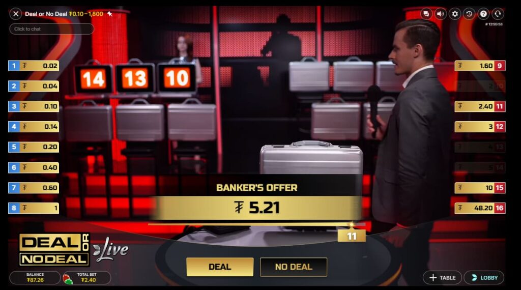 Una partida de Deal or No Deal con un crupier en vivo en el casino CoinPoker