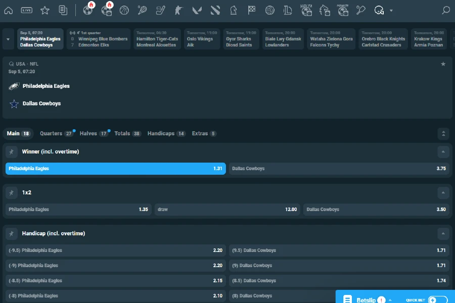 Una captura de pantalla muestra varios mercados de la NFL para un partido específico de fútbol americano.