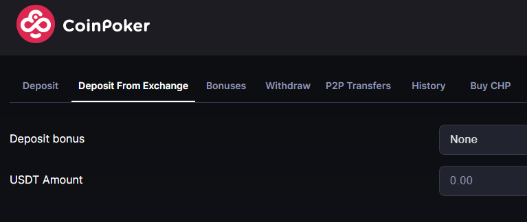 An image of 'Deposit from Exchange' cashier at CoinPoker where you add funds in SOL by converting them to USDT.