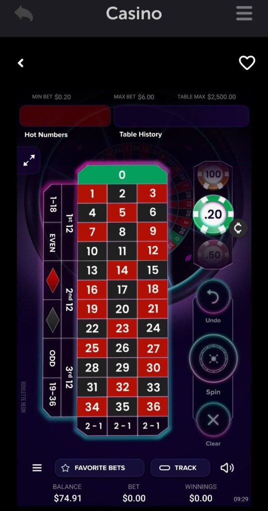 An image of roulette table in the table games section of the CoinPoker casino app.