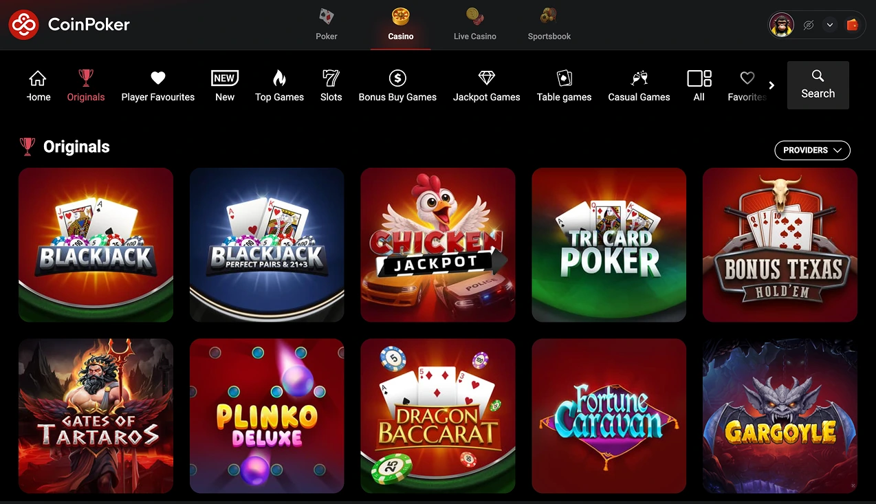 Une image du lobby du CoinPoker Casino, présentant des miniatures de différents nouveaux jeux, des jeux les plus populaires et d’autres variantes de jeux de casino en ligne.