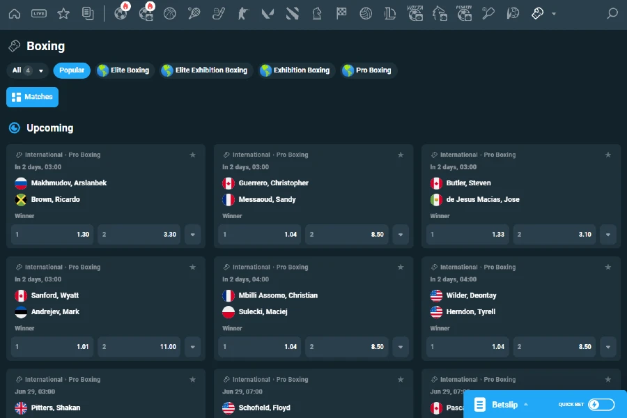 Une capture d’écran du lobby de paris sur la boxe en crypto de CoinPoker montrant différents événements et marchés de paris pour des paris en direct ou à venir.
