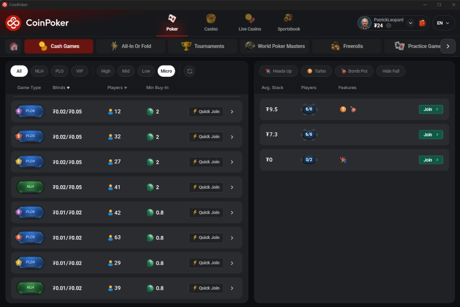 Trouvez la partie All-In or Fold qui vous convient