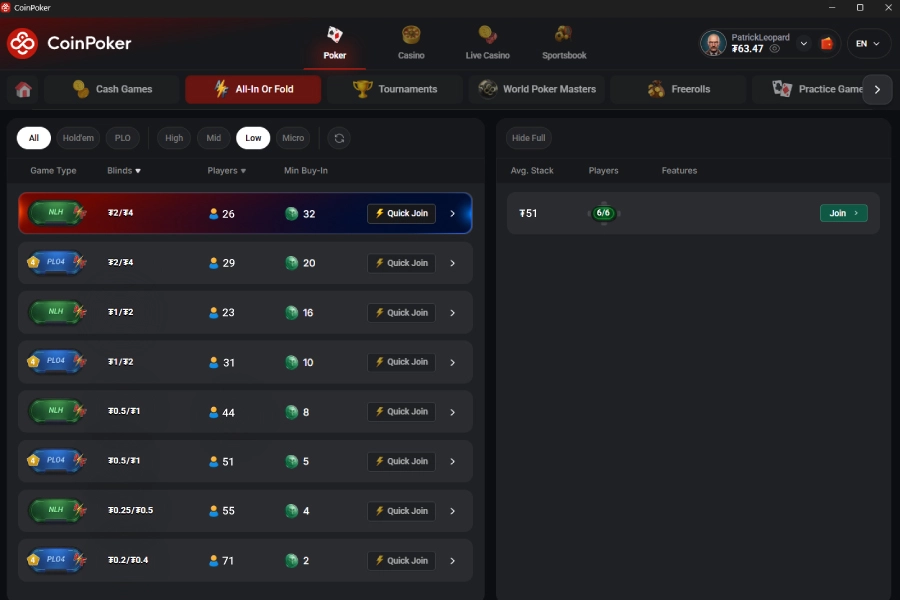 Trouvez la partie All-In or Fold qui vous convient