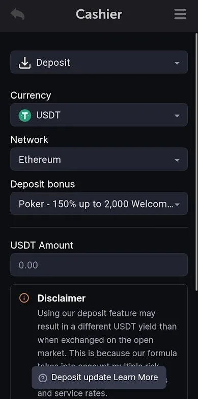 Uno screenshot mostra la sezione Cassa di CoinPoker su dispositivo mobile, dove gli utenti selezionano una criptovaluta, un bonus e inviano fondi a un indirizzo di portafoglio.