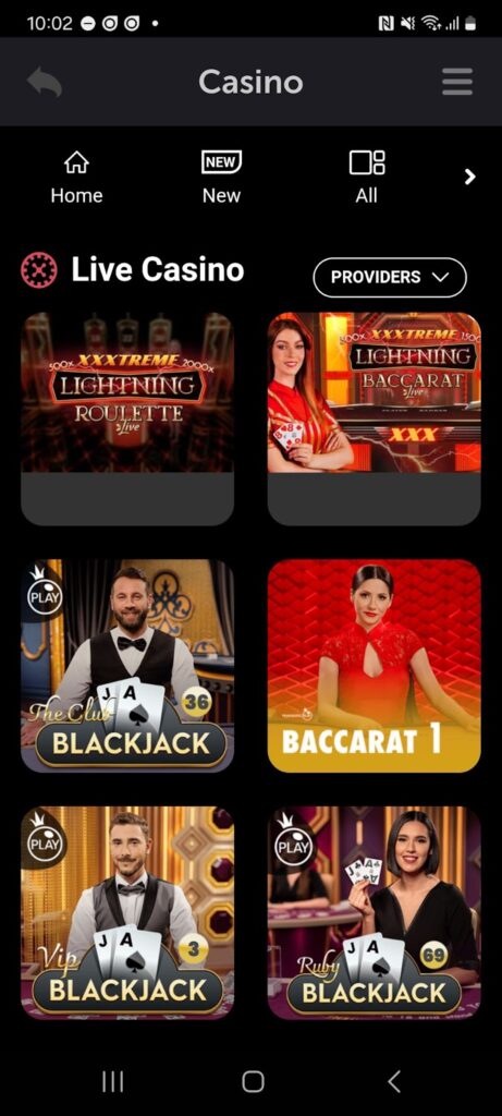 A screenshot of live dealer games in the CoinPoker mobile casino app