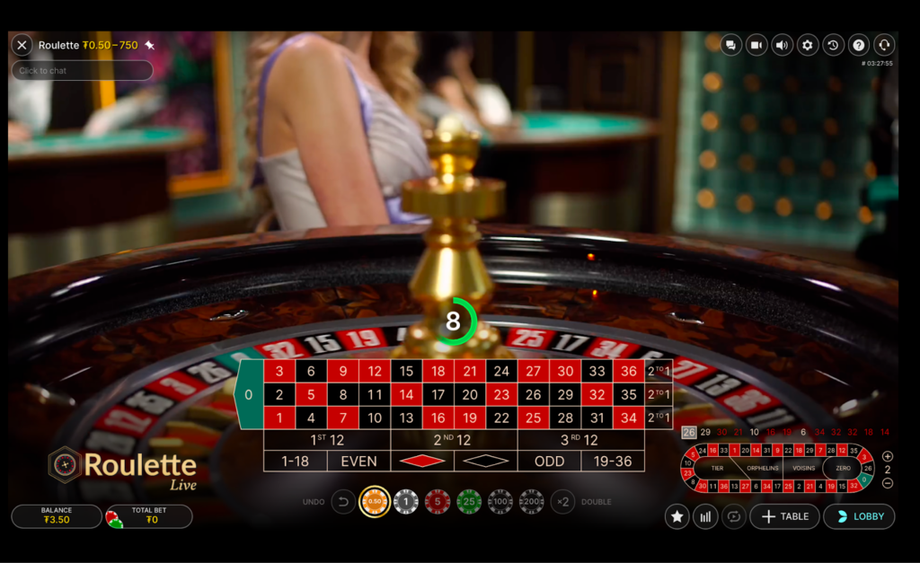 An image of live roulette wheel showing a countdown of 8 seconds to place the bets.