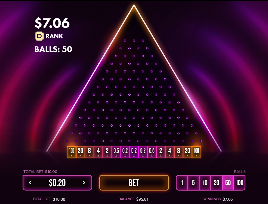 Plinko casino game showing a payout scale of 0.2x to 100x with 50 balls to be played.