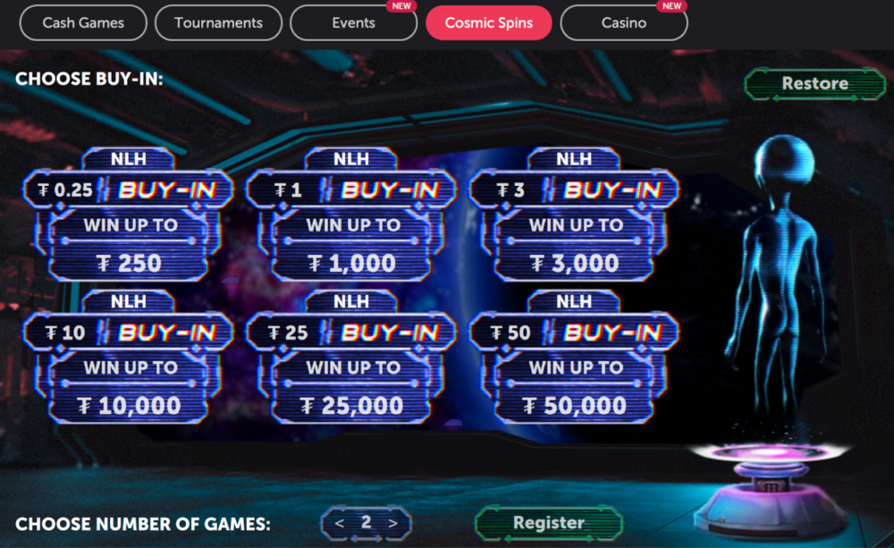 A screenshot of the buy-in page of Spin & Go Poker variant named Cosmin Spins at CoinPoker.