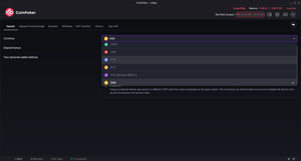 A screenshot of CoinPoker's deposit page showing USDT, BTC, BNB, ETH, POL, and CHP as deposit methods.