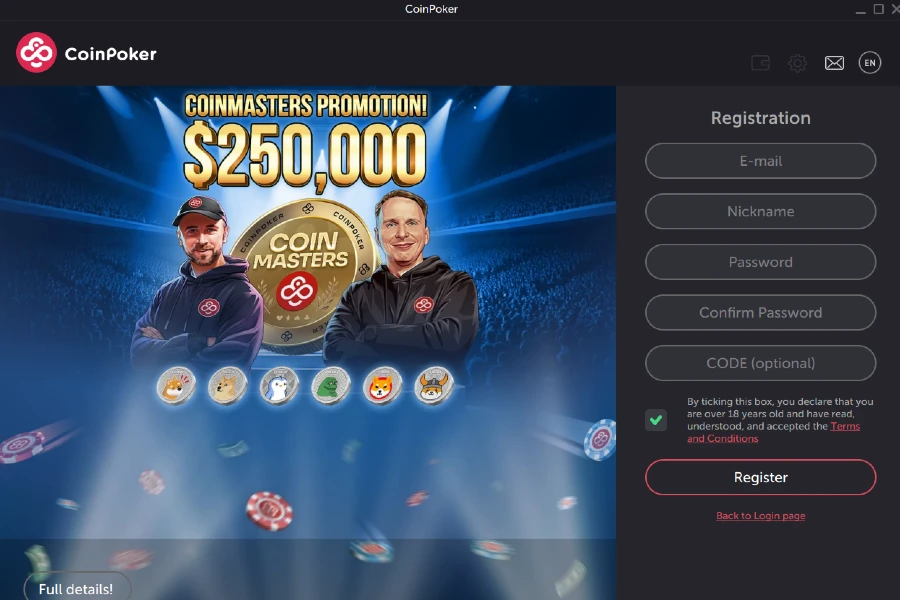 The main page of the CoinPoker application on PC, showing a registration field on the right side.