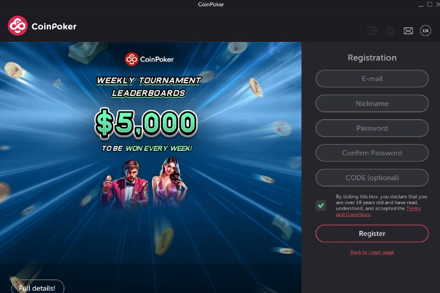The main page of the CoinPoker application on PC, showing a registration field on the right side.