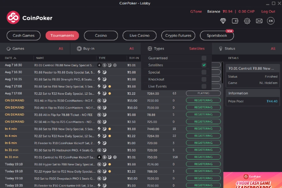 CoinPoker App Satelliettoernooipagina