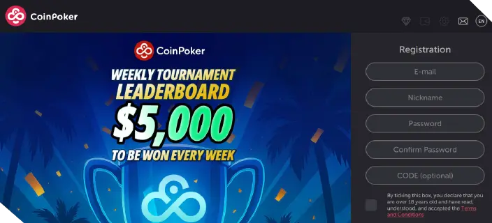 Een screenshot toont de startpagina van de CoinPoker-app, waar gebruikers zich kunnen registreren of inloggen op hun account en poker of casinospellen kunnen spelen of op sport kunnen wedden.