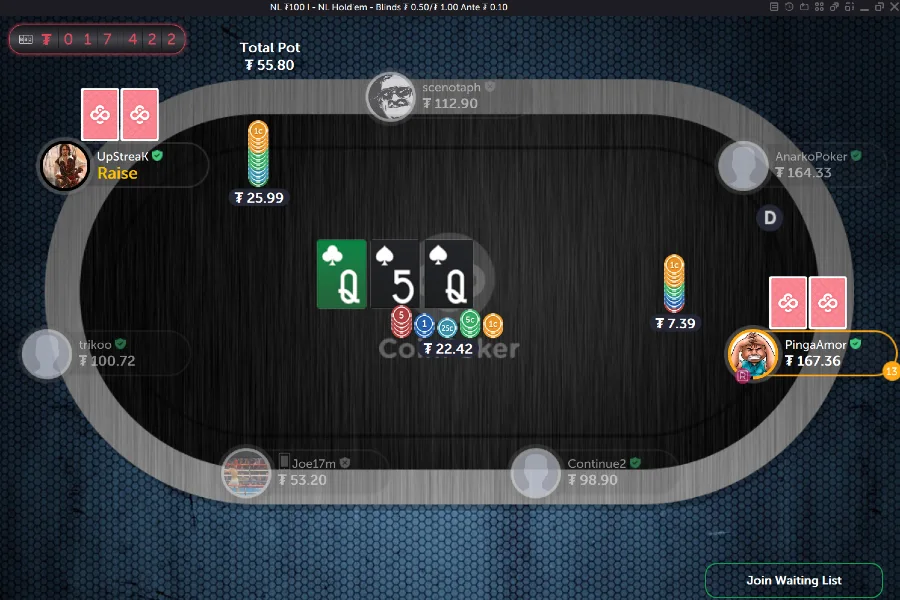 Um jogador dá um raise alto em uma partida de No Limit Hold'em na CoinPoker.
